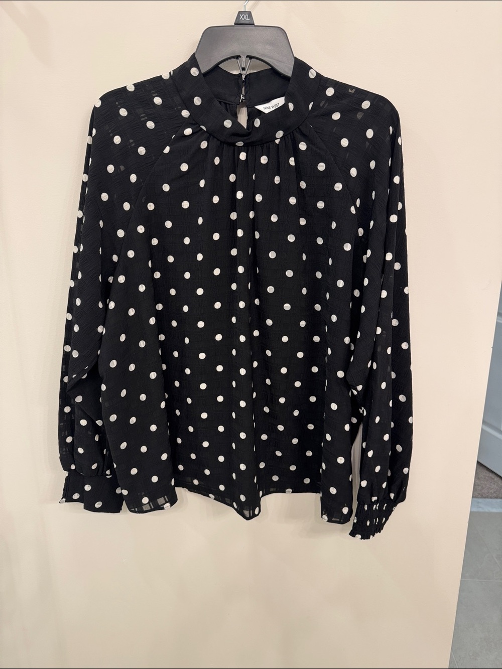 Nine West Black and White Polka Dot Mock-Neck Blouse